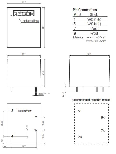 Mechanical Drawing - RECOM Power RAC05-K/277 AC/DC Converters